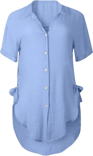 Vista 2 de Camiseta de verano para mujer, holgada, con botones, larga, de algodón, para entrenamiento, casual, para mujer