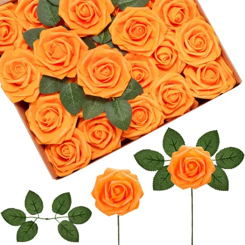 Vista 27 de InnoGear Flores artificiales, 50 unidades de rosas falsas de espuma polvorienta a granel con tallos para decoración, ramos de boda, centros de mesa