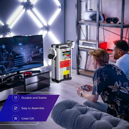 Vista 6 de Allnice Game Storage Tower Multifunction Video Game Shelf for 24 game Disk, 2 Headsets Controllers Holder Compatible with PS3PS4PS5 Nintendo