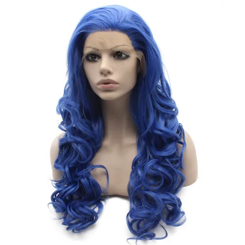 Vista 3 de Mxangel - Peluca de cabello sintético largo ondulado y resistente al calor, 26 pulgadas, color azul