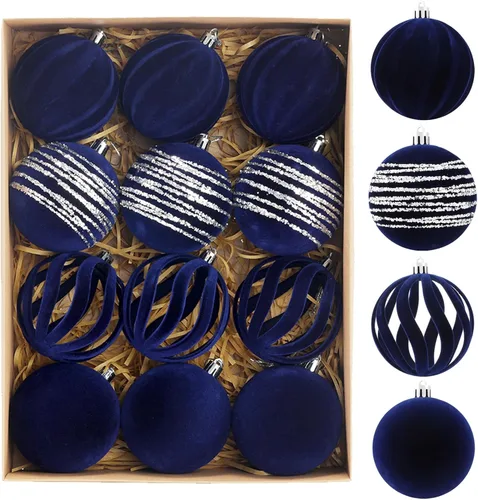 Vista 11 de Juego de 12 adornos de Navidad, bolas de terciopelo flocado de 3.15 pulgadas con diseños pintados a mano, elegantes decoraciones marrones para árbol