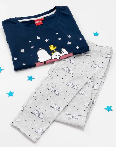 Vista 5 de Pijamas de Snoopy para mujer, opciones de parte superior larga o corta, azul marino Pierna larga.