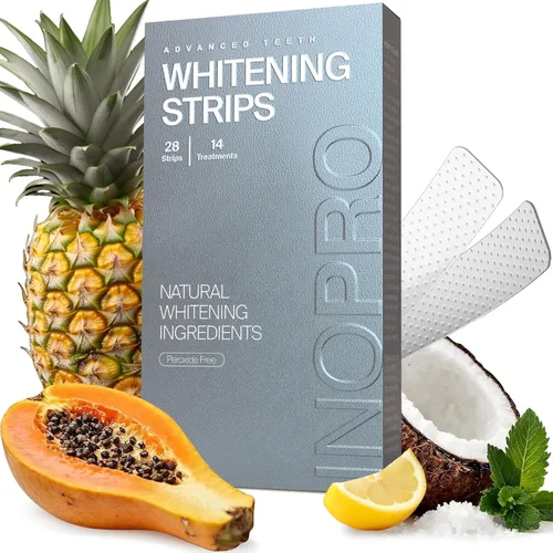 InoPro Kit de tiras blanqueadoras de dientes naturales 14 tratamientos - Blanqueador para dientes sensibles, sin peróxido con papaína, bromelina,