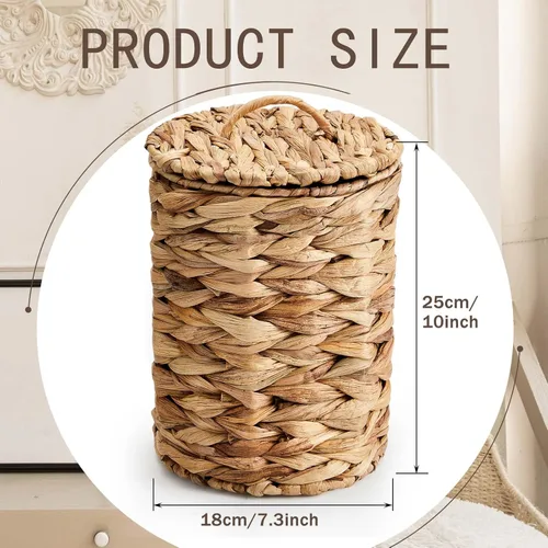 Vista 2 de Ctosree 2 piezas de cesta de basura de mimbre con tapa, cesta de residuos tejida con 100 piezas de bolsas de basura para baño, dormitorio, casa
