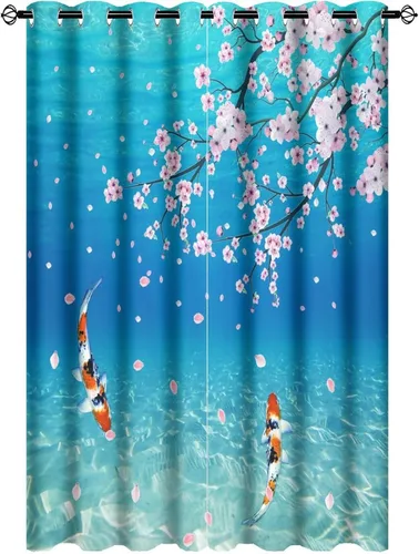 Vista 25 de Cortinas retro de pez japonés para dormitorio, estilo rústico, asiático, japonés, flor de cerezo, aislamiento térmico, oscurecimiento