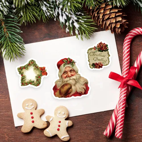 Vista 5 de 100 Piezas Calcomanías de Navidad Sin Repetición Retro Papá Noel Calcomanías Decoración Navideña, Calcomanía Impermeable de Vacaciones para Álbum
