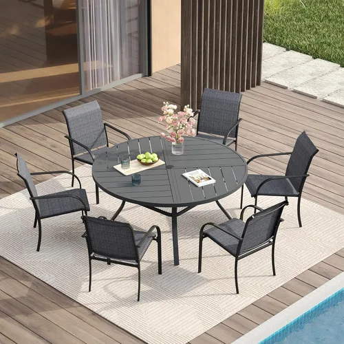 Vista 84 de VICLLAX Juego de comedor de patio de 7 piezas para 6, juego de muebles de exterior incluye mesa rectangular de 59 pulgadas para exteriores y 6