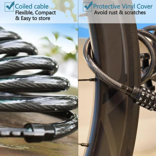 Vista 4 de MARQUE Cable de bloqueo de bicicleta de combinación de 3/8 pulgadas (5 pies, 10 pies, 15 pies, 25 pies) de bloqueo de combinación reiniciable, cable