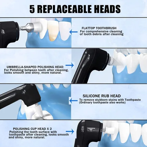 Vista 6 de Pulidor de dientes, removedor de placa para pulidor de dientes con luz LED, 5 modos de velocidad con kit de limpieza de dientes, 5 cabezales