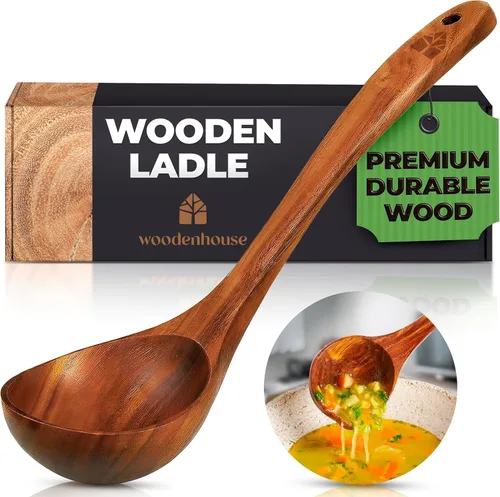 Cucharón de madera para cocinar, cuchara de sopa - Cuchara de madera de teca, mango de 12.4 pulgadas, tamaño mediano de 2 onzas, ecológico, natural
