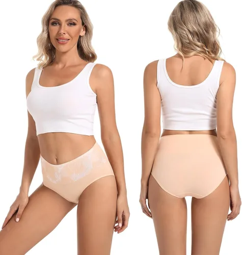 Vista 4 de HAVVIS - Ropa interior de cintura alta y de algodón para mujer, que disimula la barriga, jacquard con rosas, paquete múltiple