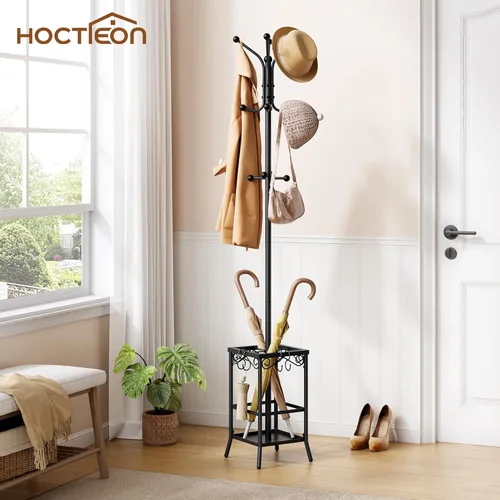 Vista 2 de Hoctieon Perchero independiente, Perchero con soporte para paraguas, perchero de metal con 12 ganchos, soporte para colgar abrigos de pie, soporte