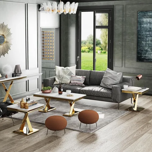 Vista 10 de ACEDÉCOR Mesa de centro dorada, mesa central de lujo para sala de estar con mesa blanca y base en X pulida dorada, mesa de té rectangular para sala