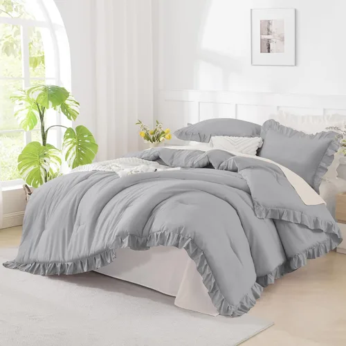 Vista 18 de Andency - Juego de edredón gris pardo tamaño King 104 x 90 pulgadas, 3 piezas, 1 edredón con volantes/2 fundas de almohada, microfibra suave ligera