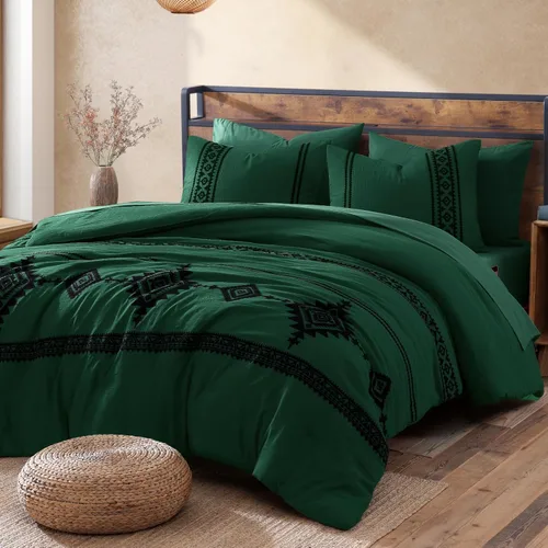 Vista 19 de MaiRêve - Juego de edredón de tamaño completo con bordado, juego de ropa de cama estilo granja occidental boho de 7 piezas, juego de edredón
