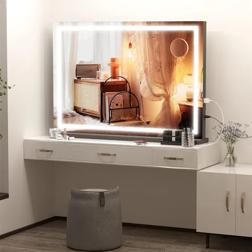 Vista 6 de Hasipu Espejo de tocador con luces, espejo LED de maquillaje de 32 x 22 pulgadas, espejo de maquillaje iluminado con 3 modos regulables, espejo