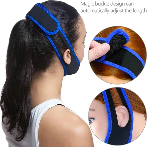 Vista 4 de Negro ajustable transpirable parada ronquidos banda cabeza barbilla correa anti ronquidos solución anti ronquido dispositivo