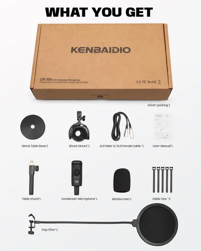 Vista 8 de Micrófono de condensador XLR con diafragma grande de 26mm, kit de micrófono de estudio cardioide profesional con soporte de escritorio de metal