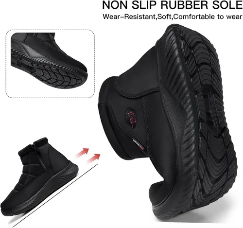 Vista 3 de TEMOFON Botas de nieve de invierno para mujer botas anchas con forro de piel cálida con forro de piel negra, cómodas botas planas para caminar al