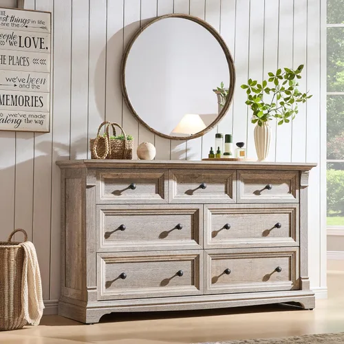 Vista 19 de Cómoda estilo granja de 6 cajones para dormitorio, cómodas y cajoneras grandes de 54" de ancho con columna romana, soporte de TV de madera