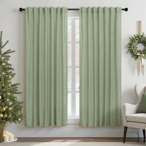 Vista 73 de Cortinas de lino natural de 108 pulgadas de largo para sala de estar, juego de 2 paneles con bolsillo para cortinero y pestaña trasera, cortinas