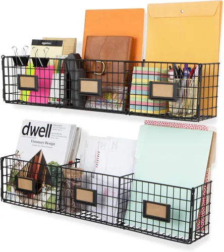 Vista 3 de Wall35 Amalfi Hanging File Folders Office Desk Organizer Wall Mount Wire Basket Storage Magazine Holder 3 Sectional Set of 2 Black