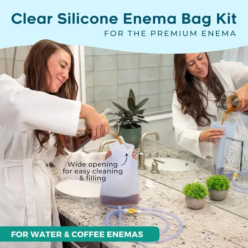 Vista 2 de PREMIUM Enema™ juego de bolsa de silicona transparente para enema, con llave de paso de precisión, válvula de retención, manguera larga de silicona