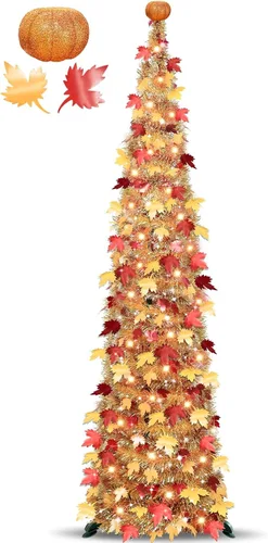 Decoración de calabaza y otoño, árbol de otoño desplegable de 5 pies con Decoraciones de otoño para el hogar, árbol de arces de oropel plegable, 50