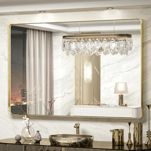Vista 61 de TokeShimi Espejo de pared de baño de níquel cepillado de 20 x 30 pulgadas, marco de metal, esquina redonda, rectangular, para decoración del hogar