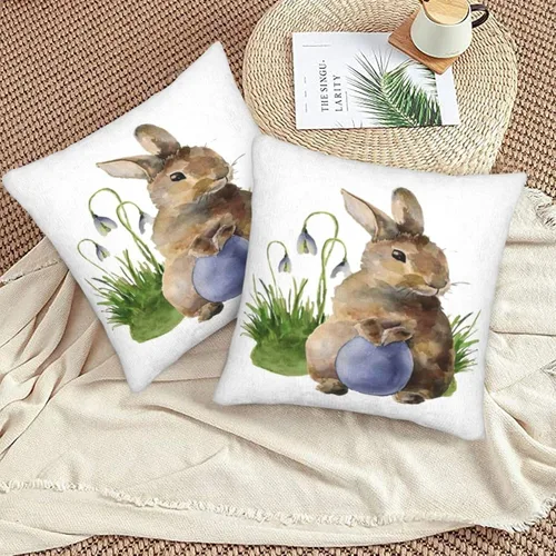 Vista 2 de Juego de 2 fundas de almohada decorativas de conejo de Pascua de 16 x 16 pulgadas, con diseño de conejos y hojas de primavera, fundas de almohada