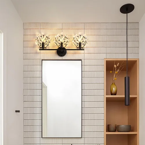 Vista 5 de TOCHIC Lámpara de tocador de baño de cristal negro de 3 luces, 23.43 pulgadas, moderna lámpara de pared regulable para tocador, gabinetes, sala