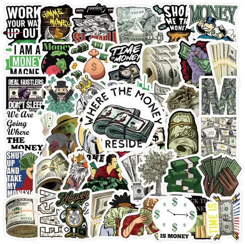 Paquete de 63 calcomanías de dinero, calcomanías impermeables de vinilo de graffiti de moda para botella de agua, laptop, teléfono, patineta, álbum