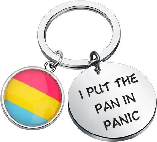 Llavero pansexual de joyería con dije de bandera pensexual para regalo de orgullo pansexual con texto en inglés "I put the Pan In Panic