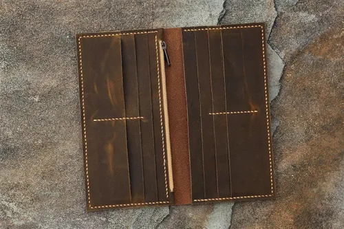 Vista 4 de Distressed Leather Men long walletslim vertical bifold walletPersonalized leather clutch card holder travel wallets -W005LZM