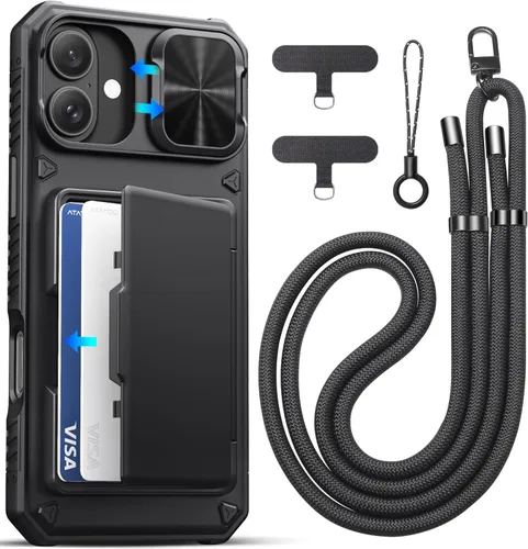 Vista 31 de ATATOO Funda para iPhone 16 con tarjetero (almacena 3-5 tarjetas) [bloqueo RFID] y funda para cámara deslizante, protección de grado militar, funda