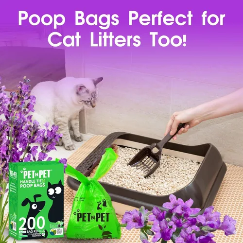 Vista 4 de Pet N Pet 200 bolsas de excremento de perro perfumadas de lavanda con asas de corbata, 41% a base de plantas y 59% bolsas de excremento