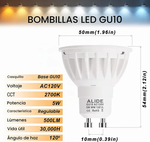 Vista 4 de ALIDE GU10 Bombillas Led Dimmable 2 Prong Reemplazan 50W Halógeno 120V para Blanco cálido