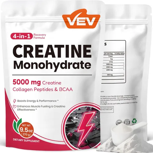 VEV Monohidrato de creatina para mujer en polvo 5000 mg con colágeno y BCAA 2:1:1 - Creatina para mujeres, apoya la definición muscular, la