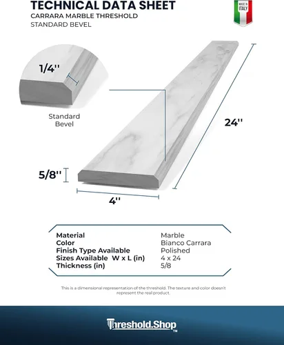 Vista 6 de Bisel doble de umbral de mármol pulido de carrara blanco italiano para transiciones de piso (4 x 24 pulgadas)