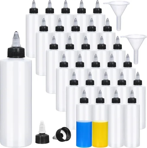 Vista 8 de Honeydak 30 botellas de plástico Boston de 8.5 onzas para salsa, dispensador de condimentos vacío con tapa giratoria y 2 embudos, ideal para salsa