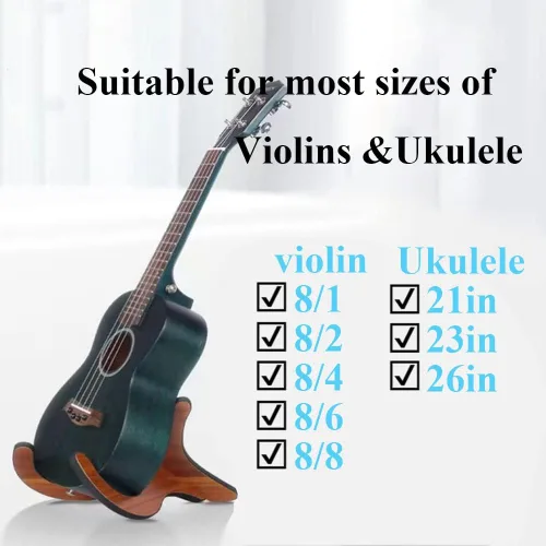 Vista 2 de Coret Soporte para instrumentos musicales, soporte de ukelele portátil con soporte para arco, soporte de madera para ukelele, guitarra pequeña