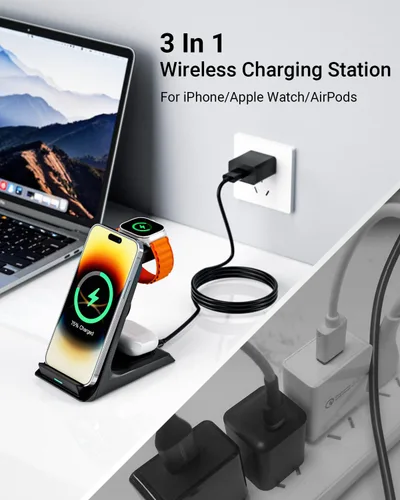 Vista 7 de Eazpower Cargador inalámbrico para fundas gruesas de 0.394 in/Otterbox/resistente, base de carga 3 en 1 para iPhone 17 16 15 14 Pro Max, estación