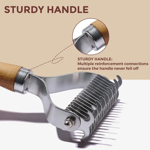 Vista 3 de Rastrillo de capa interior para perros, peine profesional para desenmascarar mascotas con mango de madera, cuchillas de acero inoxidable