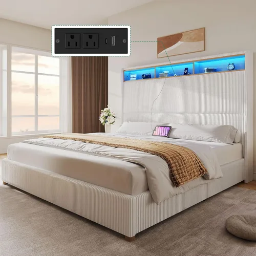 Vista 15 de DWVO Base de cama de plataforma tamaño Queen con cabecera y estribo de 60 pulgadas de alto, cama tapizada de terciopelo con luz LED, patas de madera