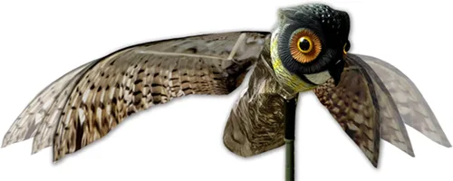 Vista 2 de Bird-X Señuelo de búho merodeador con alas móviles 3D globos de ojo de miedo de pájaros (3 unidades)