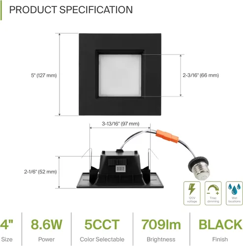 Vista 2 de ASD Iluminación LED empotrada cuadrada negra de 4 pulgadas de retrofit - 9W 709lm 2700/3000/3500/4000/5000K seleccionable regulable LED Downlight