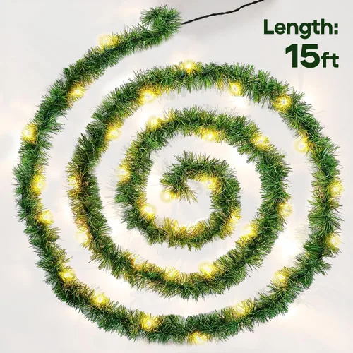 Vista 3 de Twinkle Star Guirnalda de Navidad preiluminada de 15 pies, guirnalda de pino artificial iluminada con enchufe, 35 miniluces incandescentes
