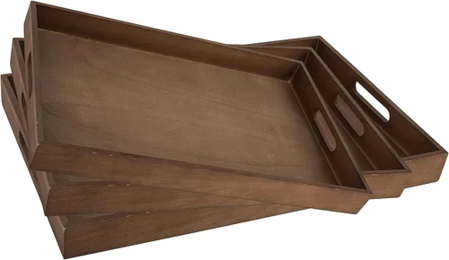 Vista 6 de Bandeja para servir de madera oscura con asas, bandeja de desayuno anidada, bandejas de baño y buffet para servir y organizar