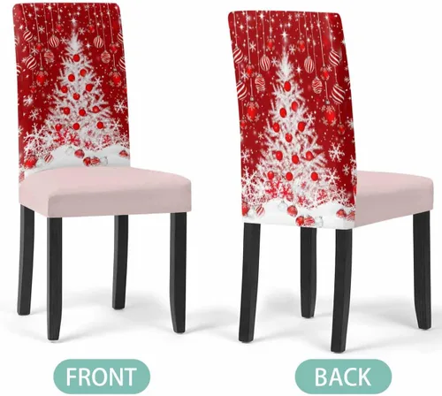 Vista 2 de Savannan - Juego de 4 fundas para sillas de árbol de Navidad, bolas de copos de nieve de color rojo invierno, fundas elásticas para sillas Parsons