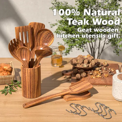 Vista 3 de Juego de utensilios de cocina de teca natural con soporte, cucharas de madera para cocinar, juego de 10 espátulas de cocina con soporte